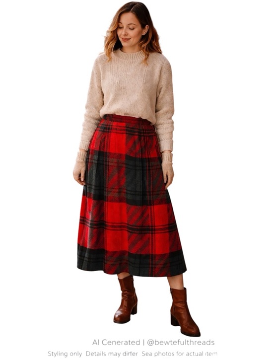Aldichi Dresses & Skirts - Cabin Cozy Tartan Plaid Midi Skirt Wool Blend A-Line Winter 6–8